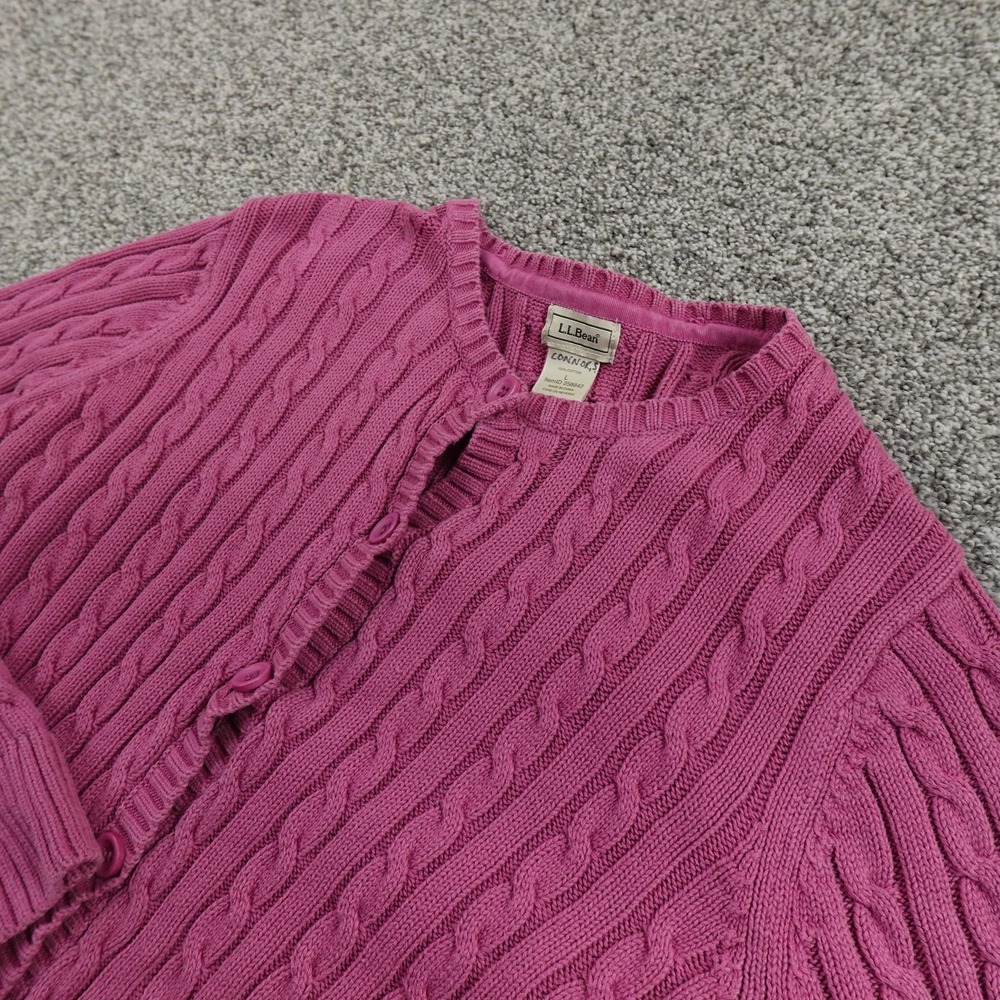 LL Bean Cardigan Womens L Pink Aran Cable Knit Fisherman Button Sweater Crewneck